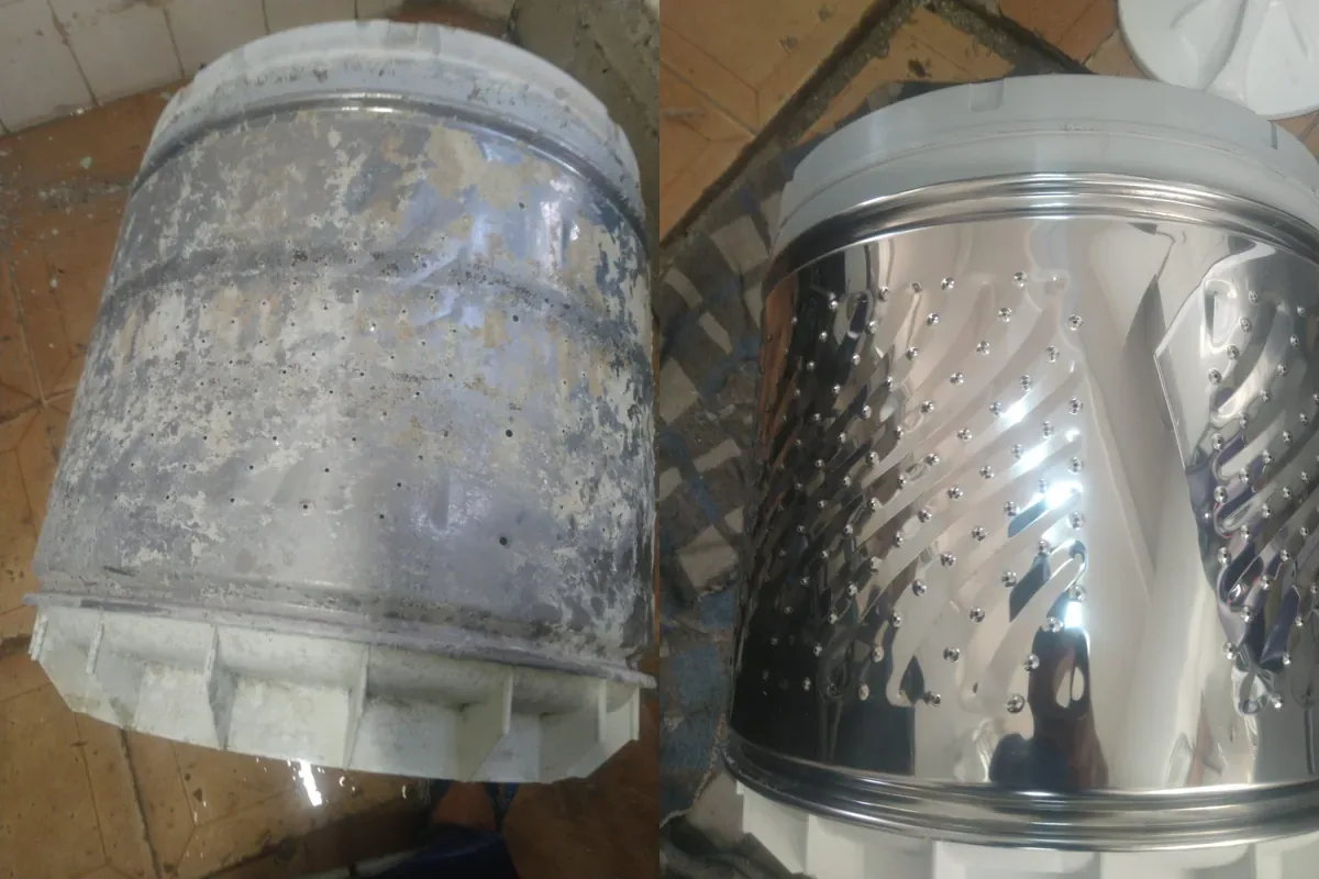 Cesto de máquina de lavar antes da higienização, coberto de limo, e depois, limpo e brilhando